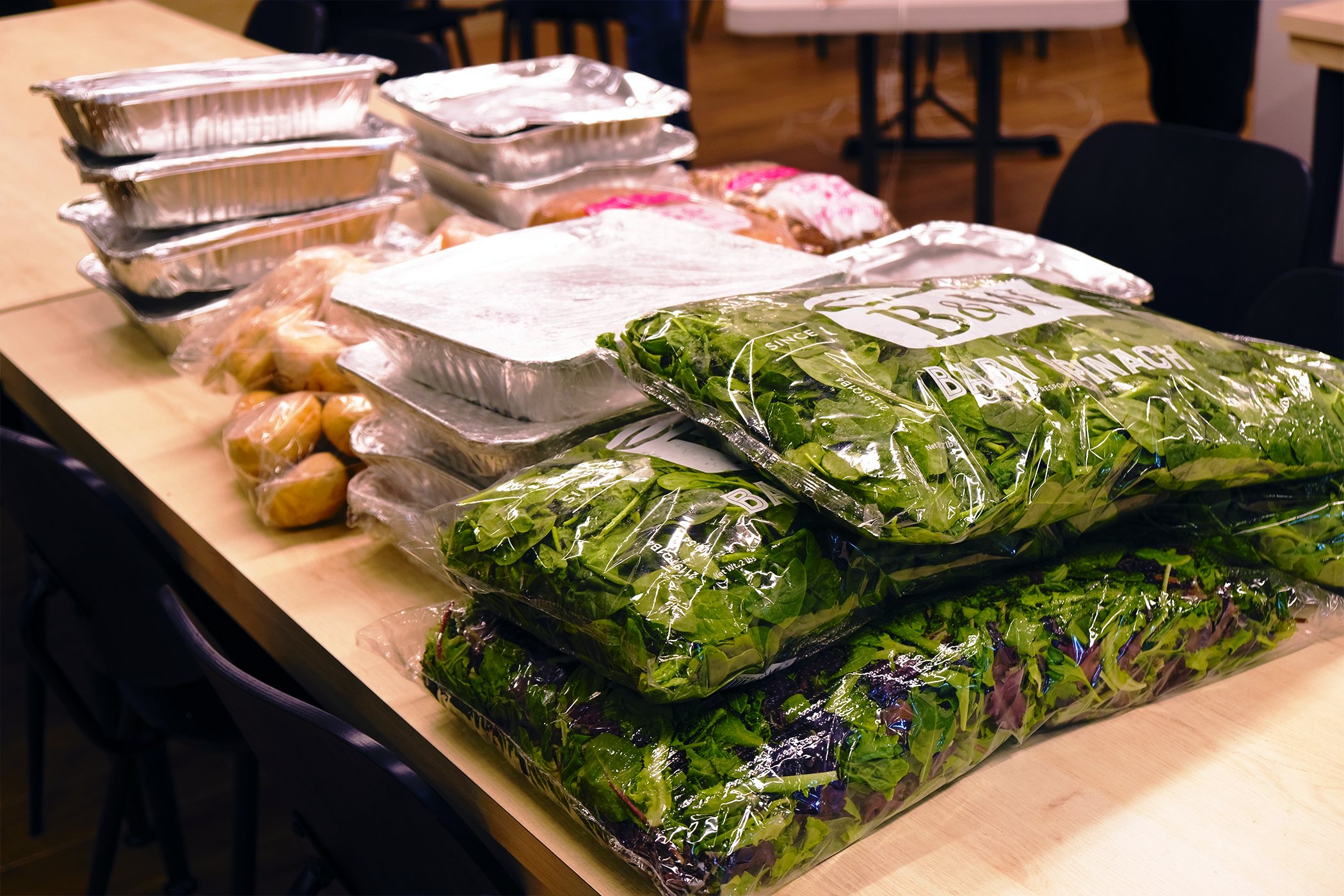 Donated produce and prepared food from an office.